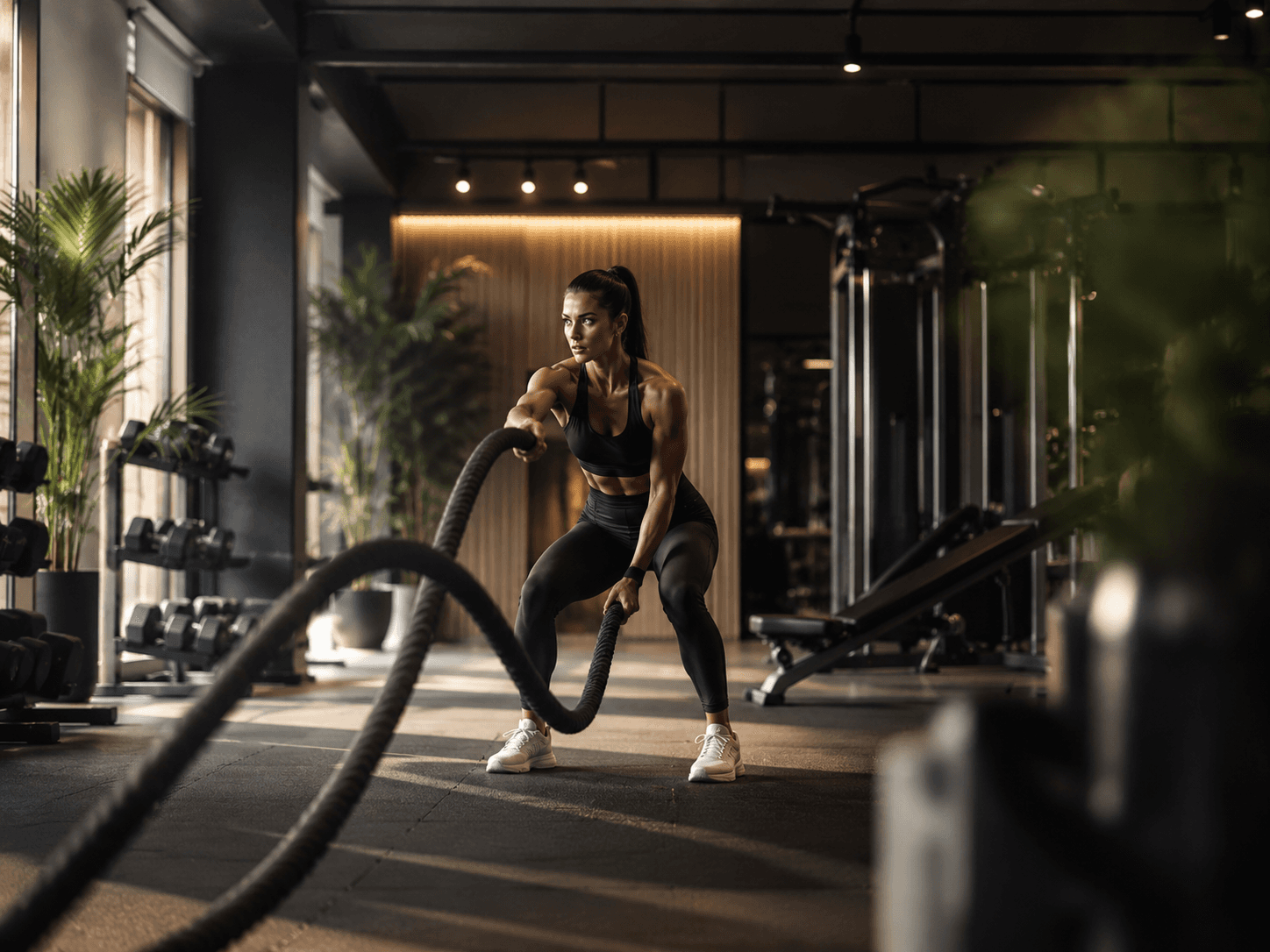 Gym floor with training equipment and active session
